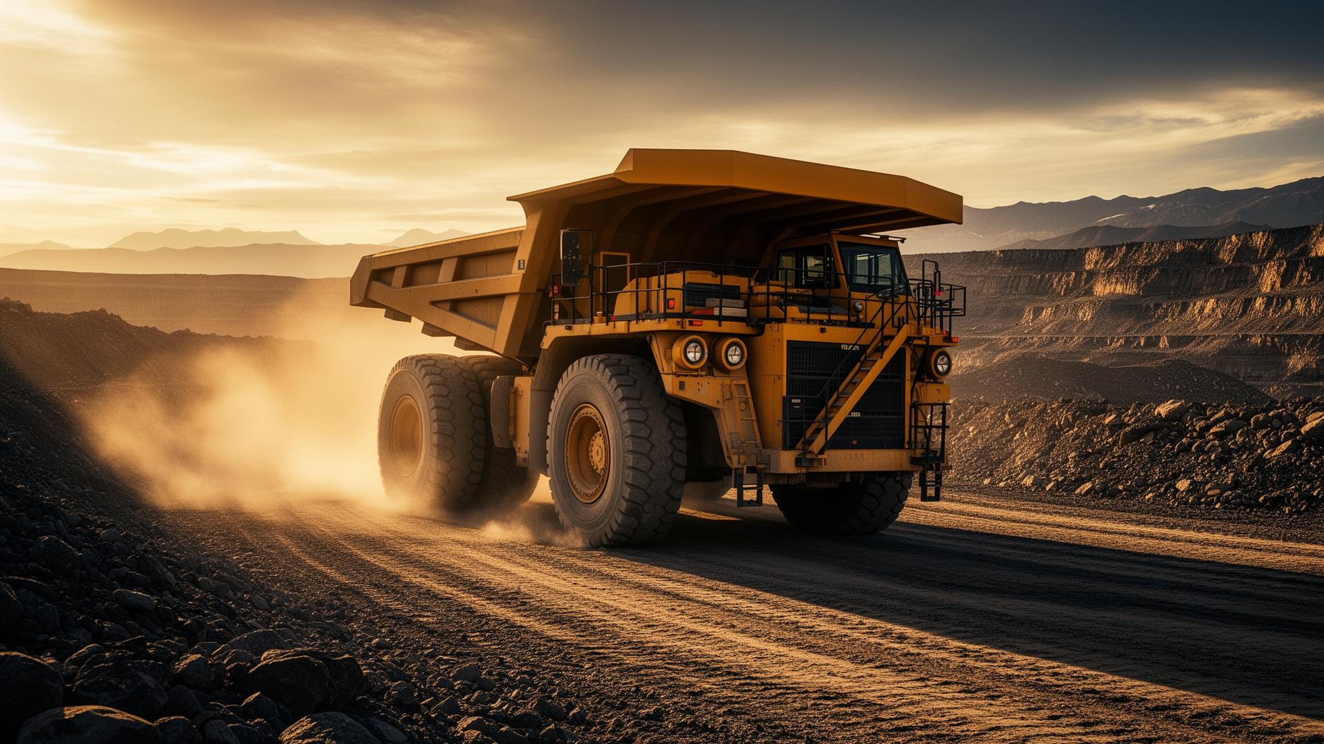 Massive haul truck working a Nevada surface mining pit at golden hour